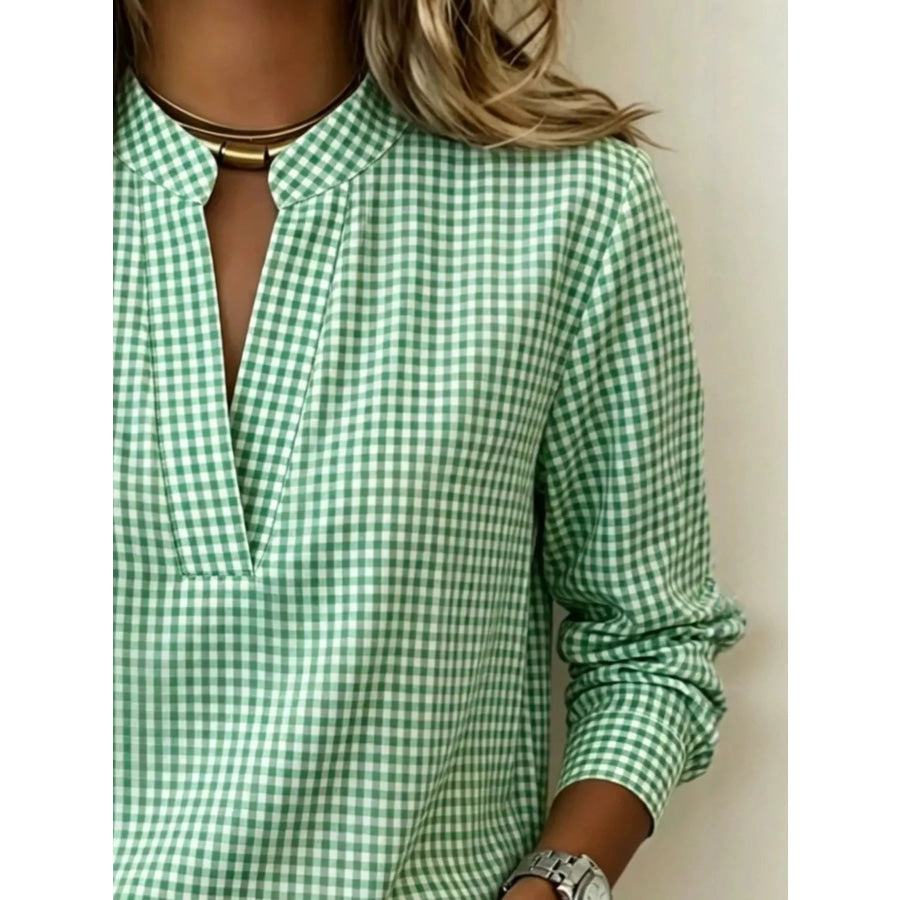 Full Size Plaid Notched Long Sleeve Blouse Plus Apparel and Accessories