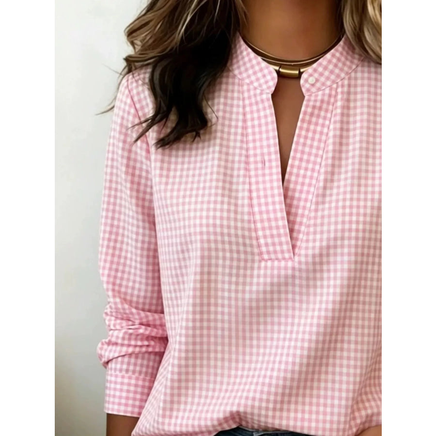 Full Size Plaid Notched Long Sleeve Blouse Plus Apparel and Accessories