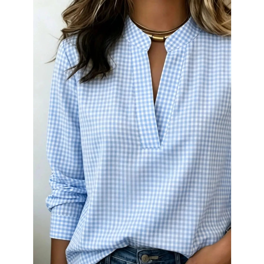 Full Size Plaid Notched Long Sleeve Blouse Plus Apparel and Accessories