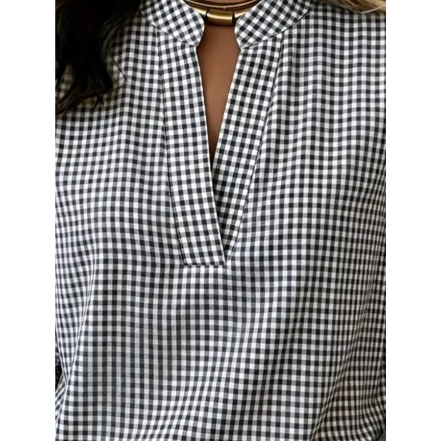 Full Size Plaid Notched Long Sleeve Blouse Plus Apparel and Accessories