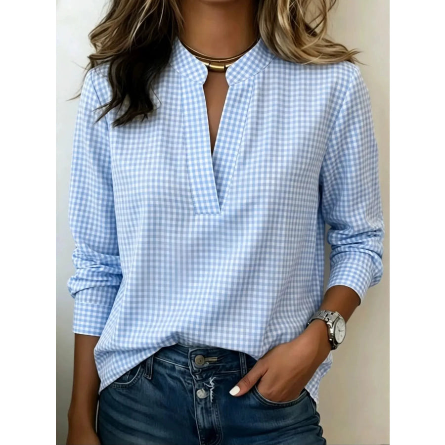 Full Size Plaid Notched Long Sleeve Blouse Plus Blue / XS Apparel and Accessories