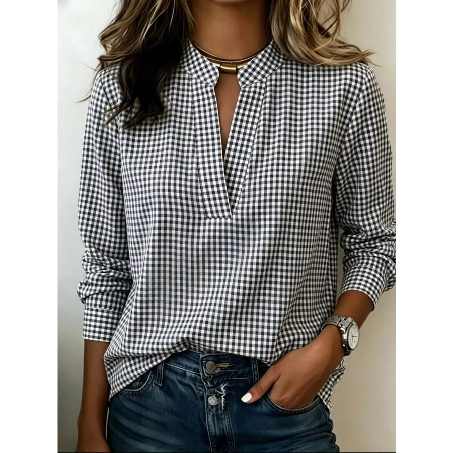 Full Size Plaid Notched Long Sleeve Blouse Plus Grey / XS Apparel and Accessories