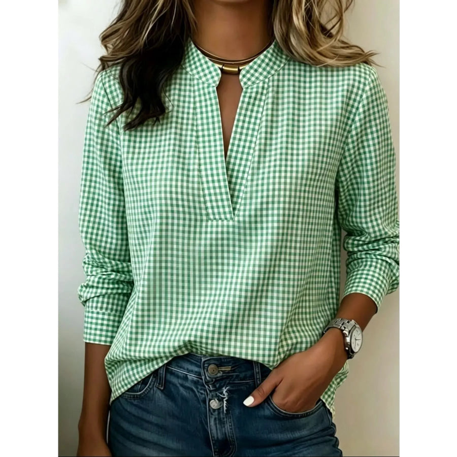Full Size Plaid Notched Long Sleeve Blouse Plus Light Green / XS Apparel and Accessories