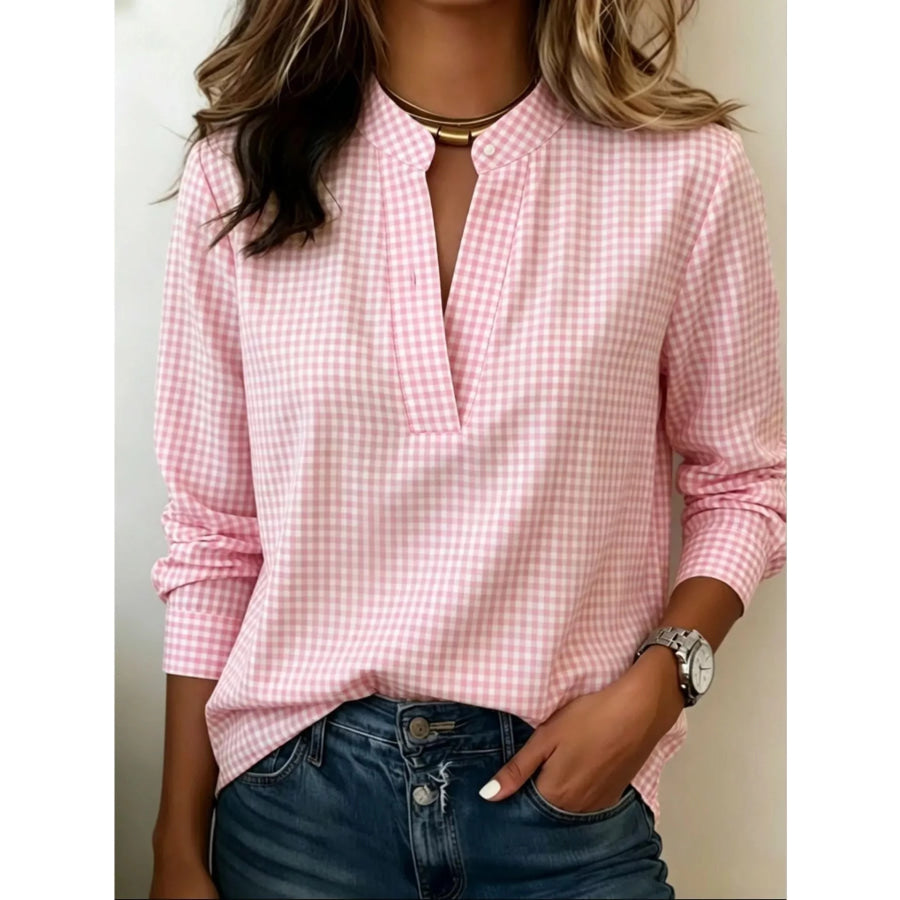 Full Size Plaid Notched Long Sleeve Blouse Plus Pink / XS Apparel and Accessories