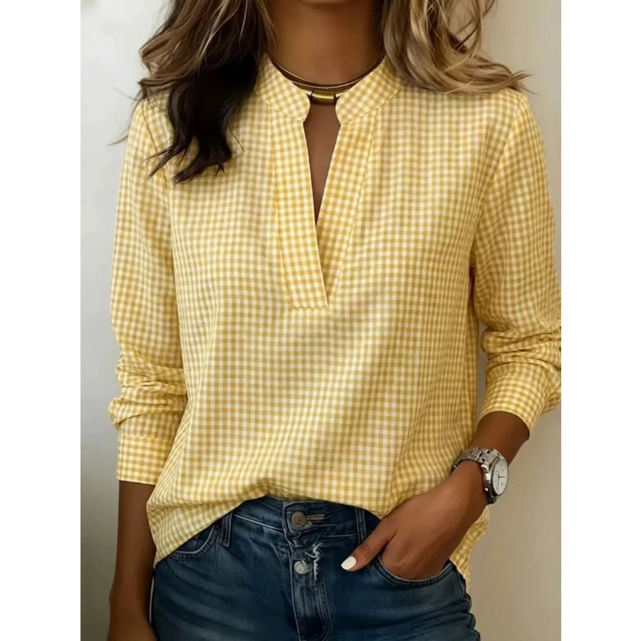 Full Size Plaid Notched Long Sleeve Blouse Plus Yellow / XS Apparel and Accessories