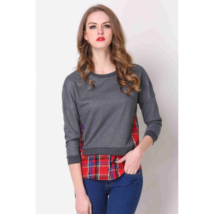 Full Size Plaid Patch Drop Shoulder Round Neck Top Dark Gray / S