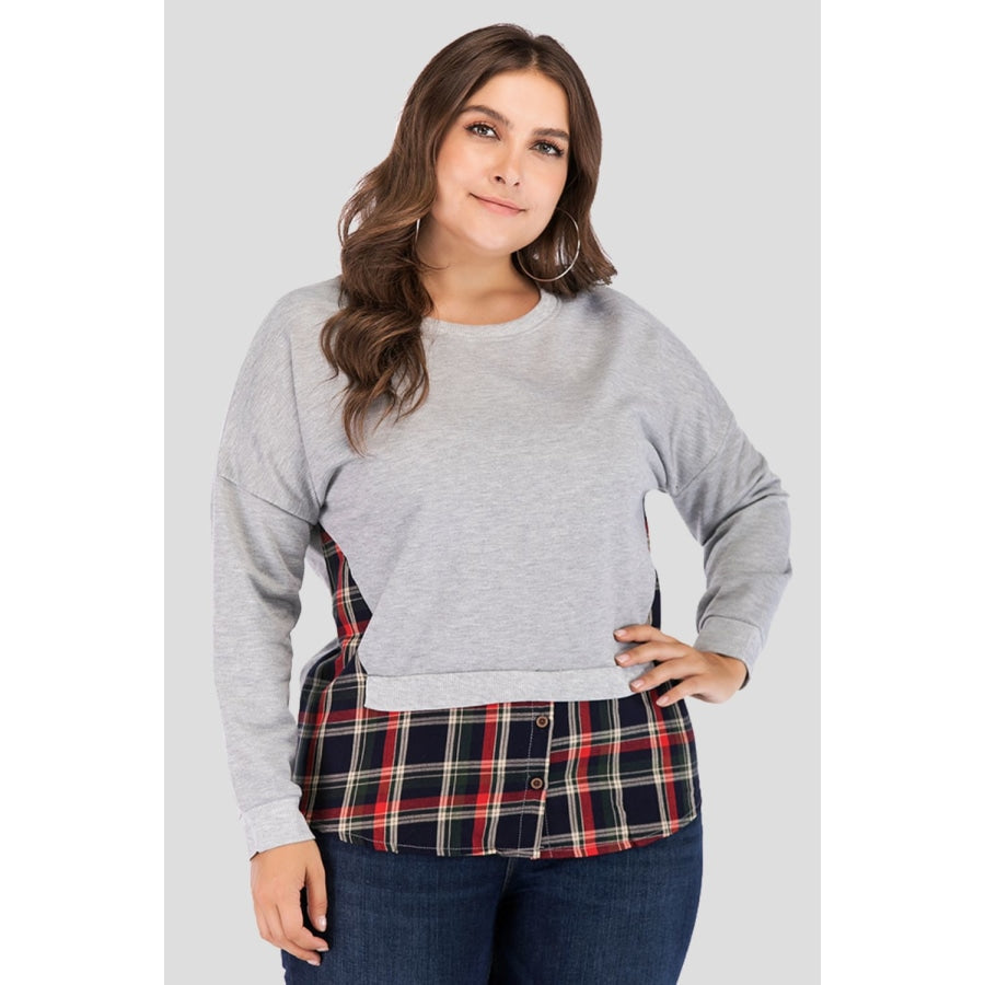 Full Size Plaid Patch Drop Shoulder Round Neck Top Light Gray / S