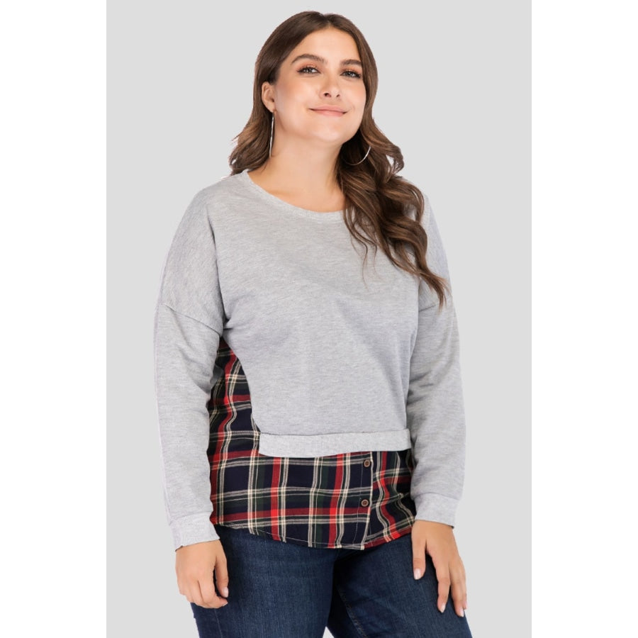 Full Size Plaid Patch Drop Shoulder Round Neck Top