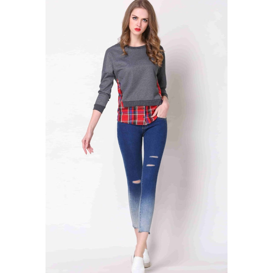 Full Size Plaid Patch Drop Shoulder Round Neck Top