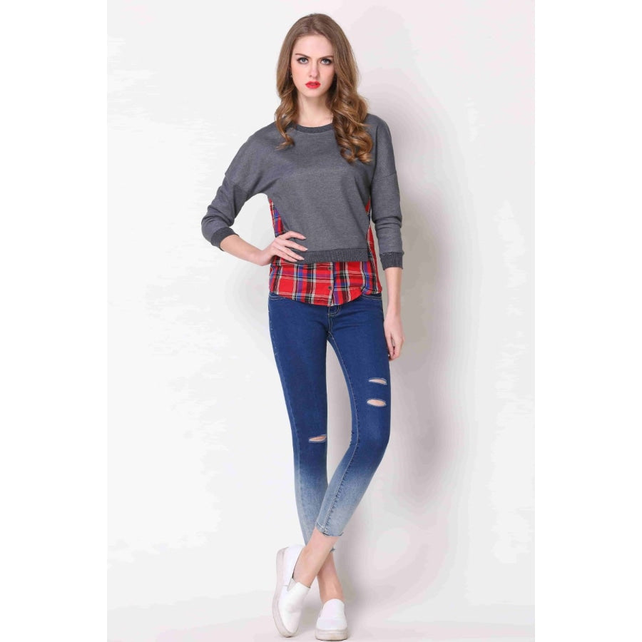 Full Size Plaid Patch Drop Shoulder Round Neck Top