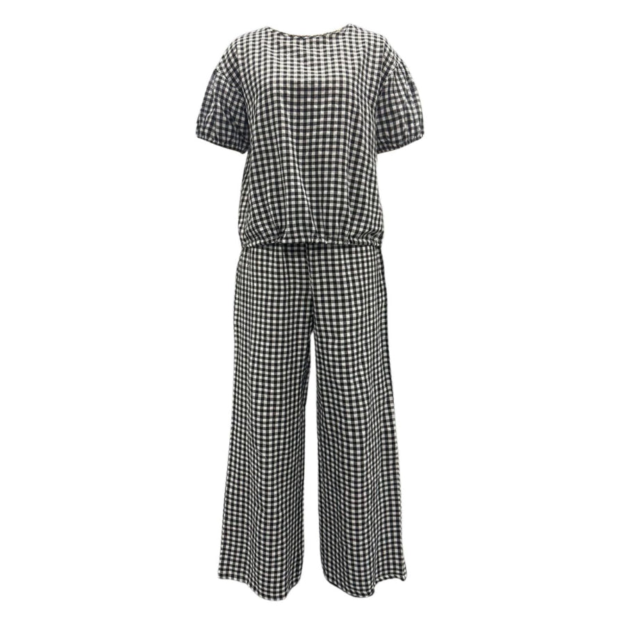 Full Size Plaid Round Neck Half Sleeve Top and Pants Set Dark Gray / S Apparel and Accessories