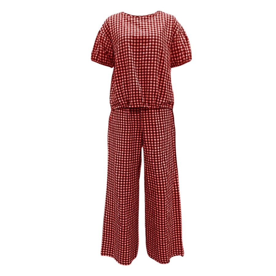 Full Size Plaid Round Neck Half Sleeve Top and Pants Set Apparel and Accessories