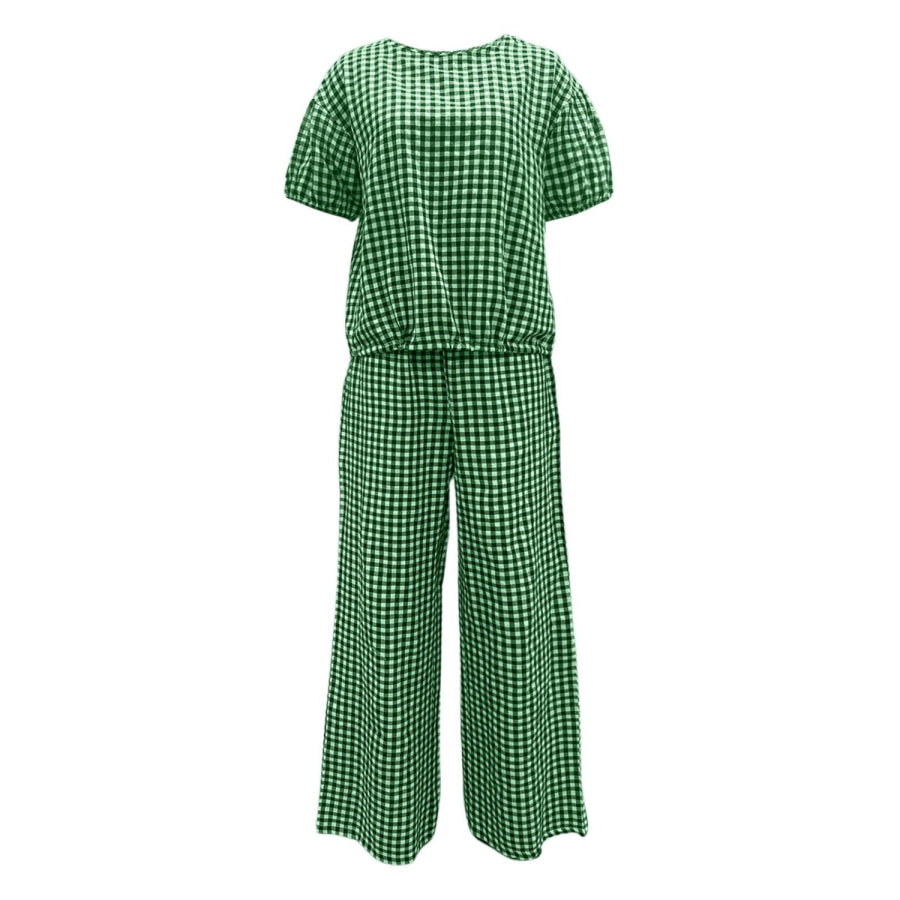 Full Size Plaid Round Neck Half Sleeve Top and Pants Set Apparel and Accessories