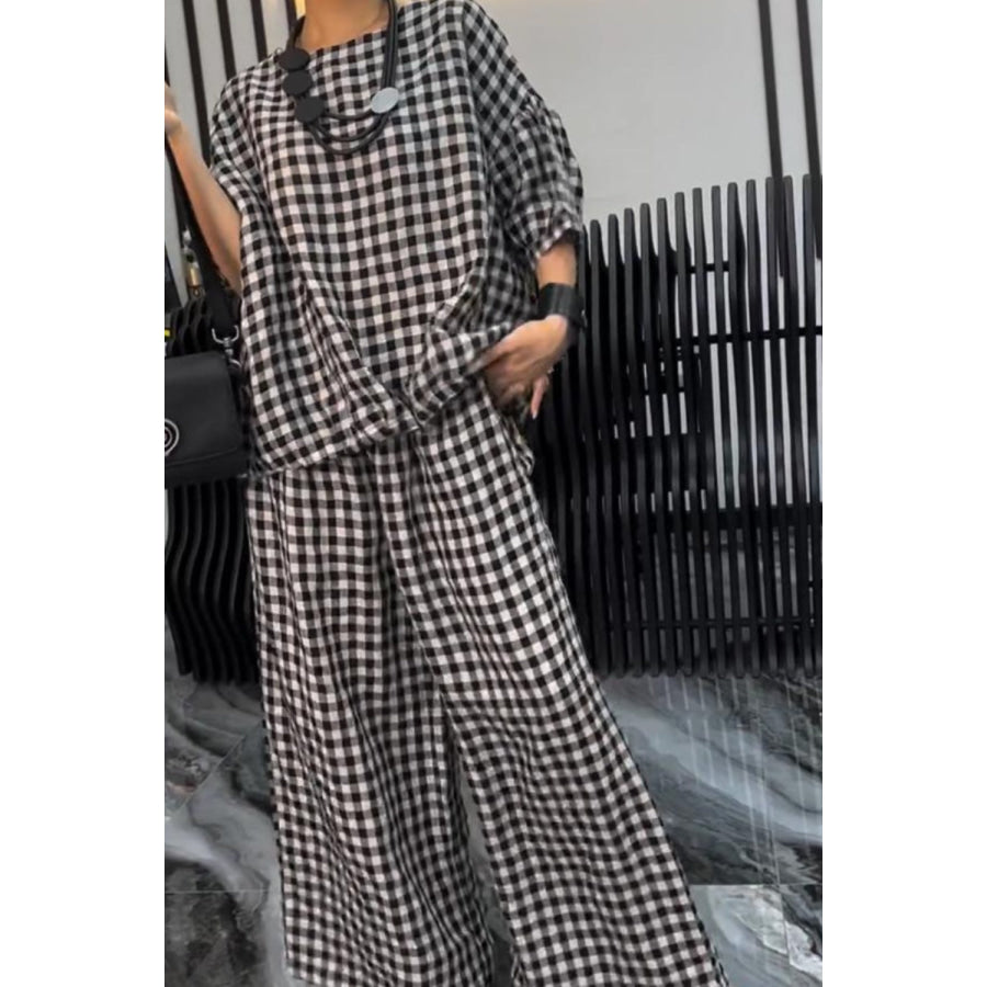 Full Size Plaid Round Neck Half Sleeve Top and Pants Set Dark Gray / S Apparel and Accessories