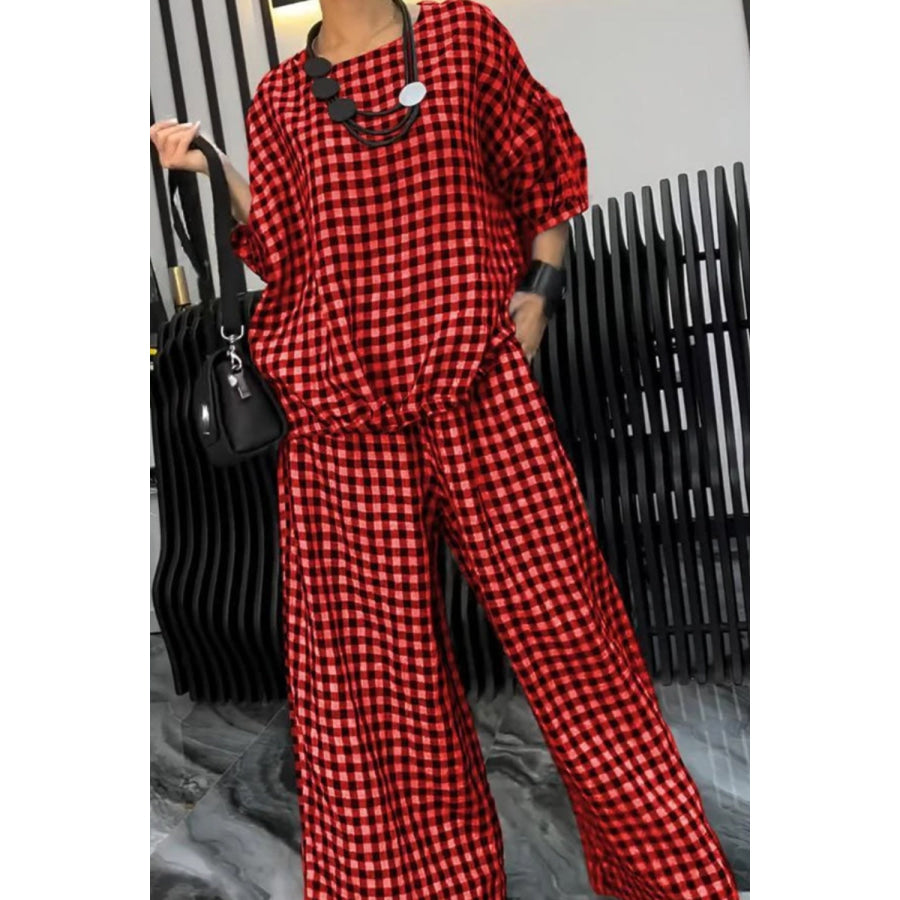 Full Size Plaid Round Neck Half Sleeve Top and Pants Set Deep Red / S Apparel and Accessories