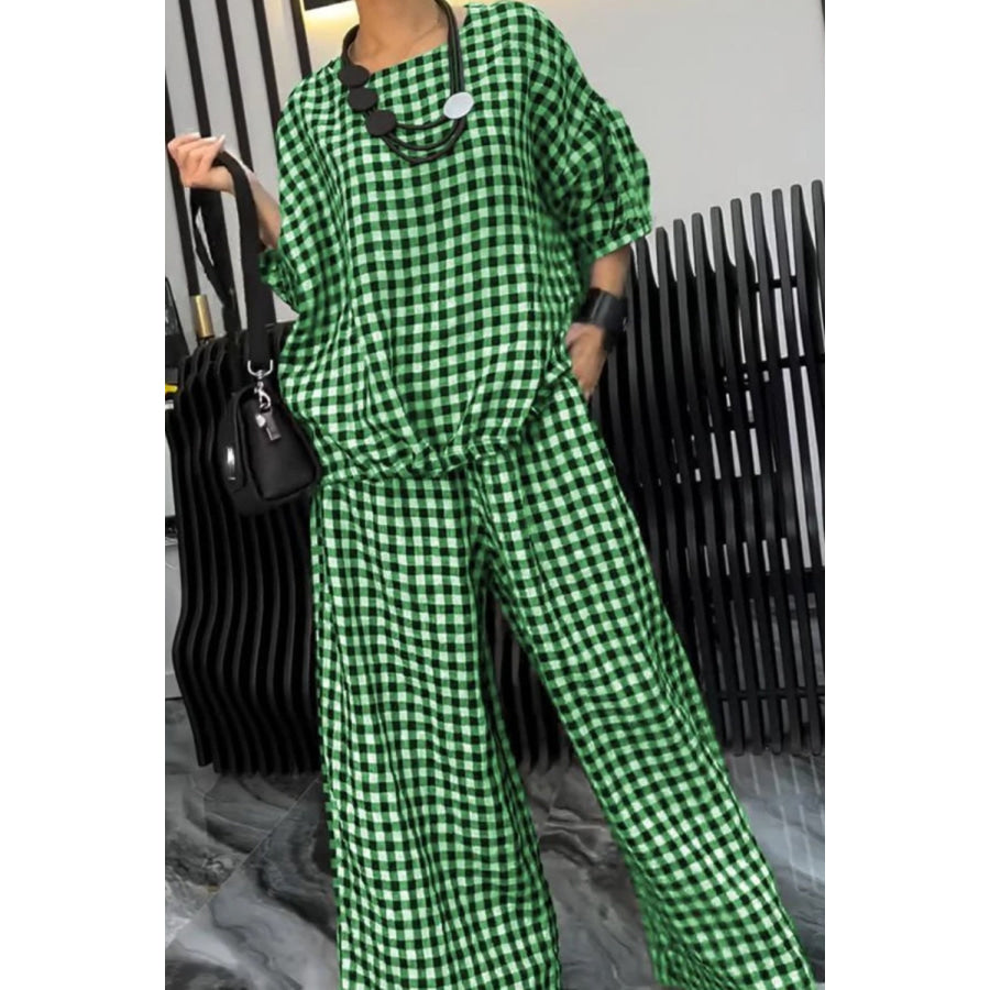 Full Size Plaid Round Neck Half Sleeve Top and Pants Set Green / S Apparel and Accessories