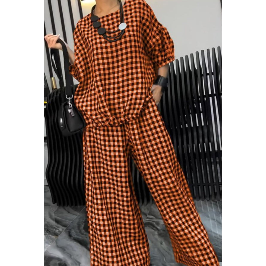 Full Size Plaid Round Neck Half Sleeve Top and Pants Set Terracotta / S Apparel and Accessories