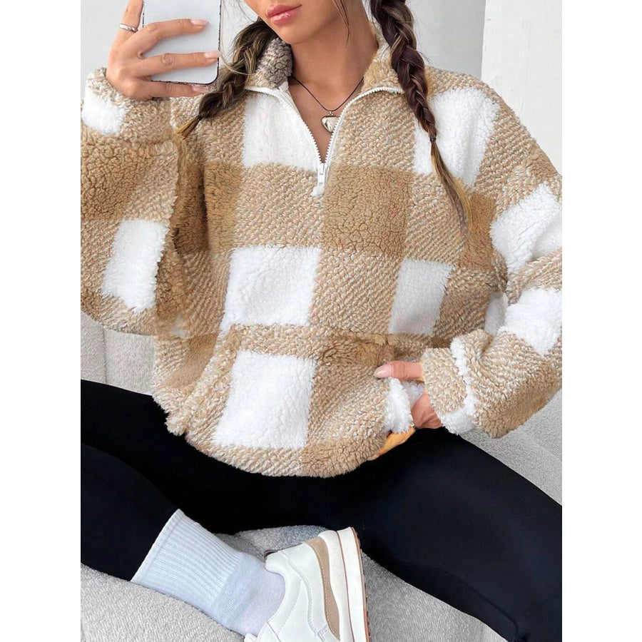 Full Size Plaid Sherpa Long Sleeve Sweatshirt Plus Size Apparel and Accessories