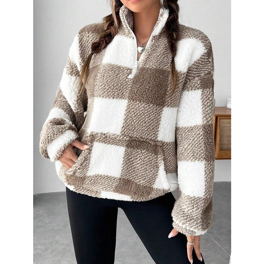 Full Size Plaid Sherpa Long Sleeve Sweatshirt Plus Size Apparel and Accessories