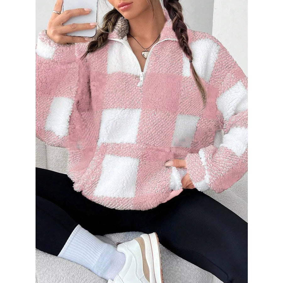 Full Size Plaid Sherpa Long Sleeve Sweatshirt Plus Size Apparel and Accessories