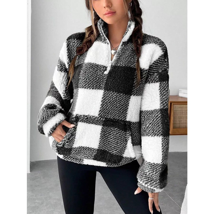 Full Size Plaid Sherpa Long Sleeve Sweatshirt Plus Size Apparel and Accessories