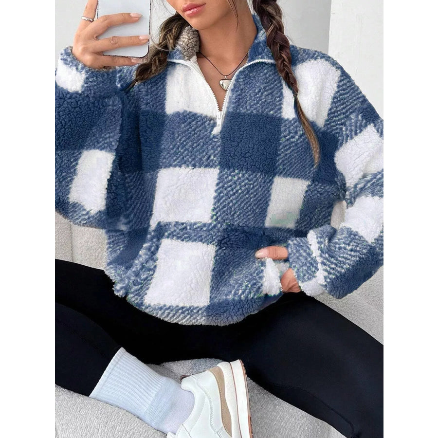 Full Size Plaid Sherpa Long Sleeve Sweatshirt Plus Size Apparel and Accessories