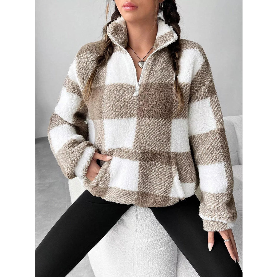 Full Size Plaid Sherpa Long Sleeve Sweatshirt Plus Size Apparel and Accessories