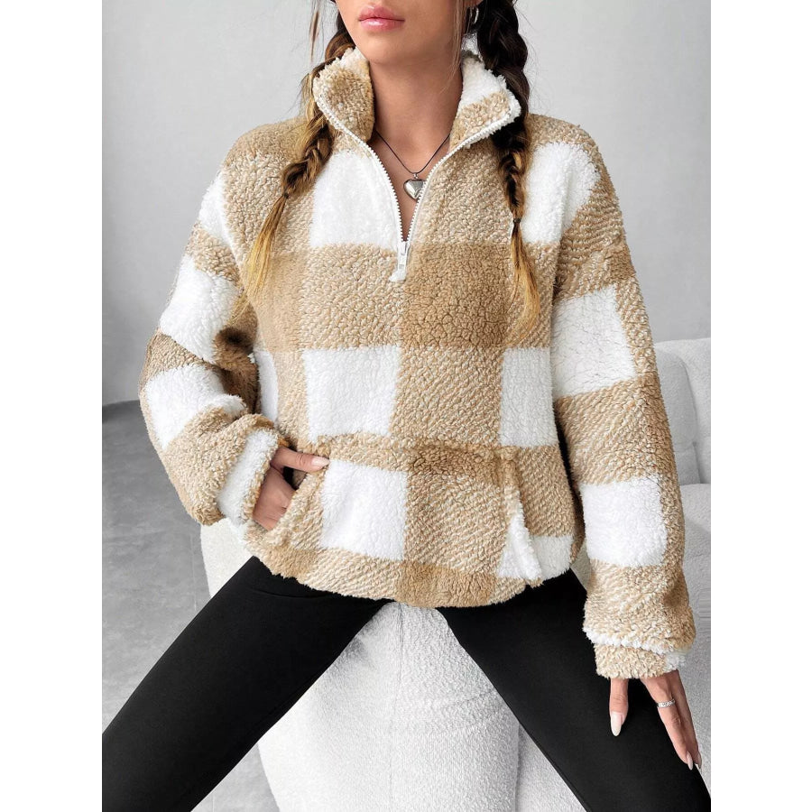 Full Size Plaid Sherpa Long Sleeve Sweatshirt Plus Size Apparel and Accessories