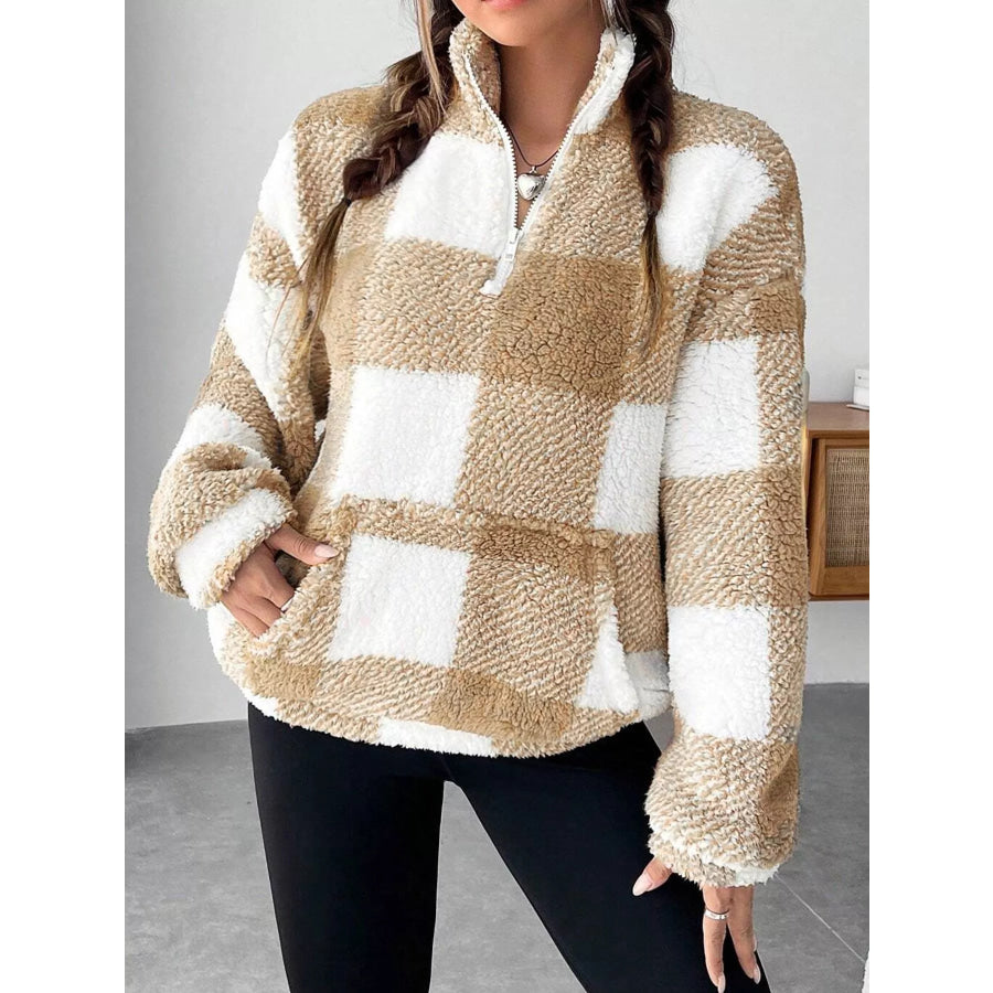 Full Size Plaid Sherpa Long Sleeve Sweatshirt Plus Size Beige / S Apparel and Accessories