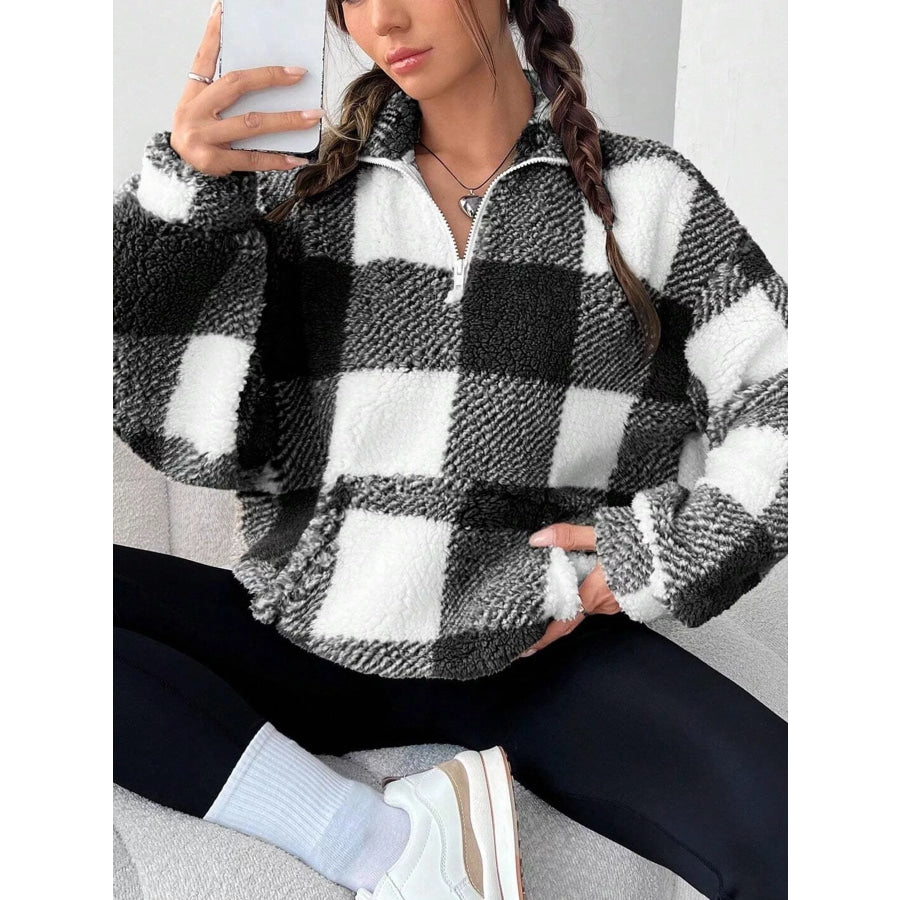 Full Size Plaid Sherpa Long Sleeve Sweatshirt Plus Size Black / S Apparel and Accessories