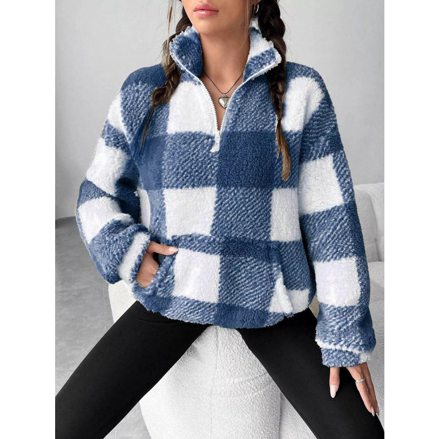 Full Size Plaid Sherpa Long Sleeve Sweatshirt Plus Size Blue / S Apparel and Accessories