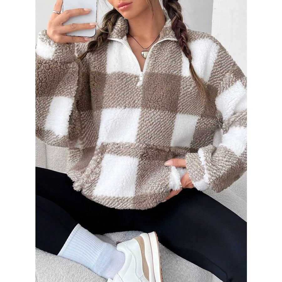 Full Size Plaid Sherpa Long Sleeve Sweatshirt Plus Size Brown / S Apparel and Accessories