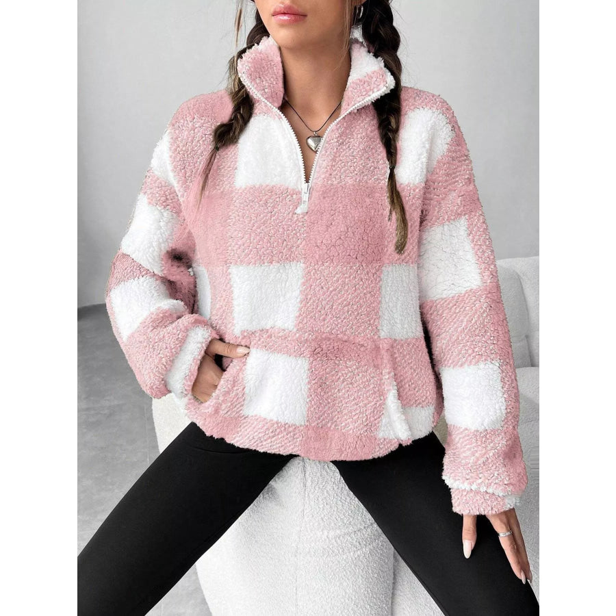 Full Size Plaid Sherpa Long Sleeve Sweatshirt Plus Size Pink / S Apparel and Accessories