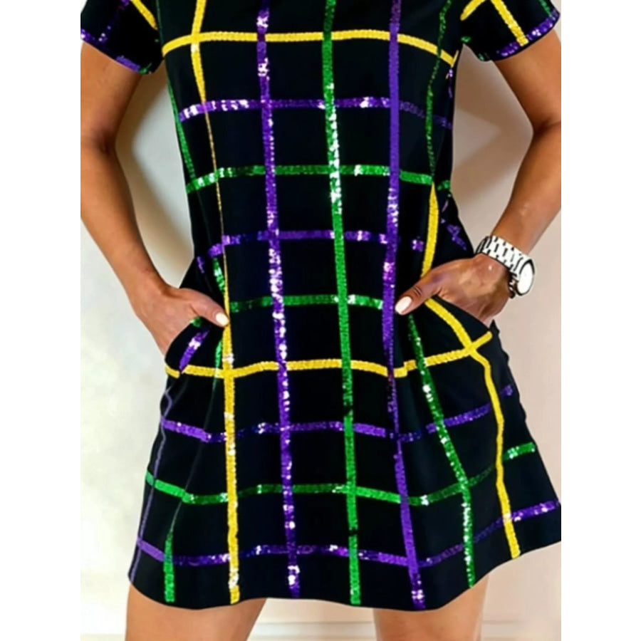 Full Size Plaid Short Sleeve Mini Dress Plus Size Multicolor / S Apparel and Accessories