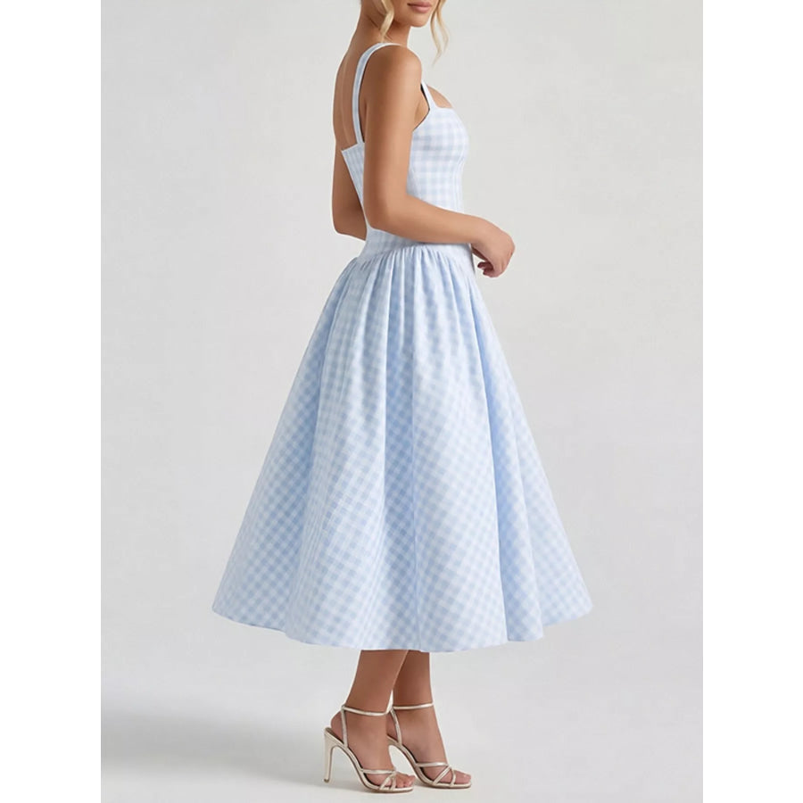 Full Size Plaid Square Neckline Midi Dress Plus Size Apparel and Accessories