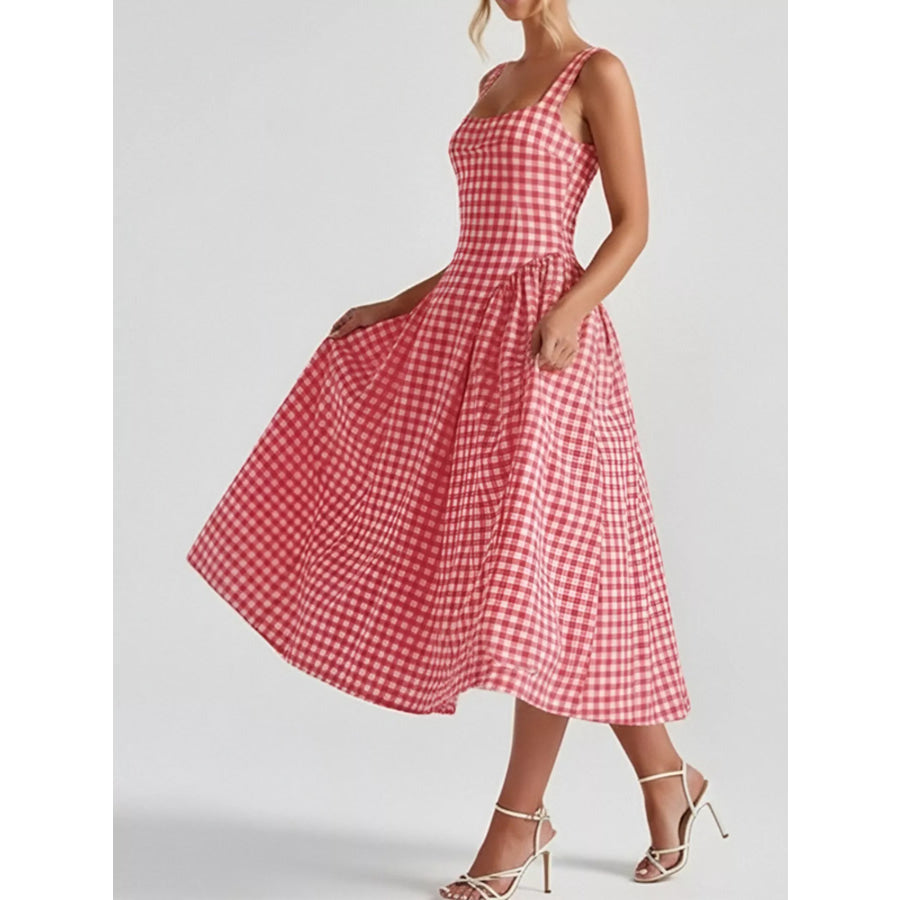 Full Size Plaid Square Neckline Midi Dress Plus Size Apparel and Accessories