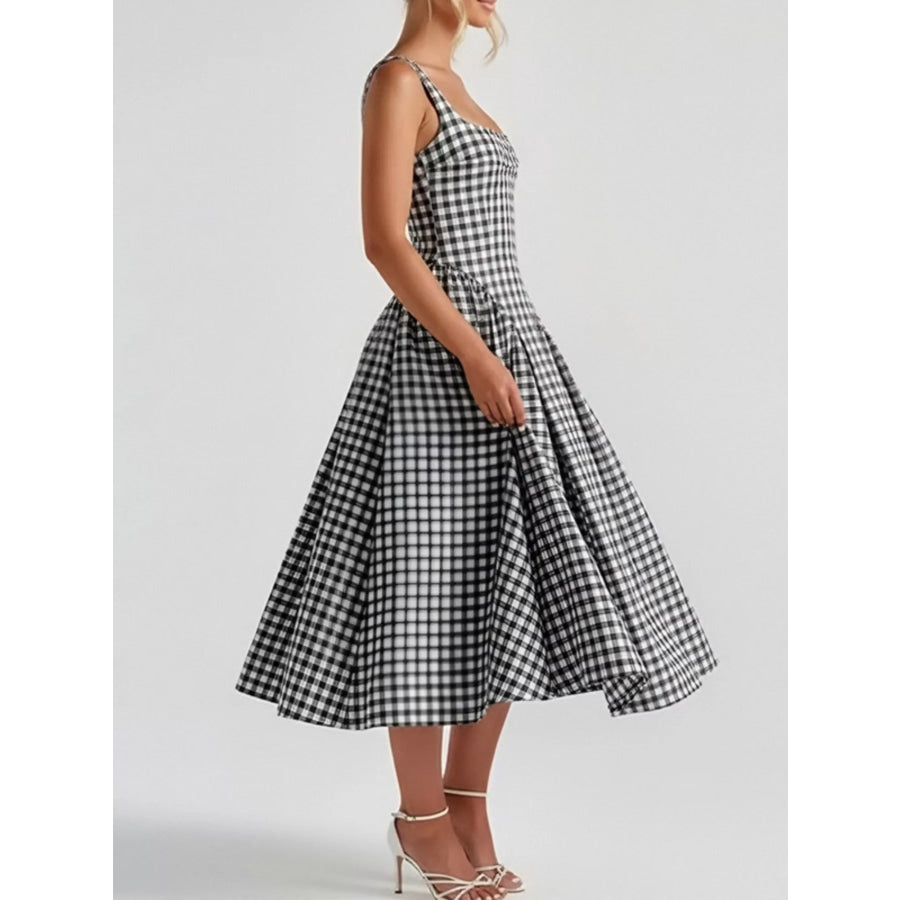 Full Size Plaid Square Neckline Midi Dress Plus Size Apparel and Accessories