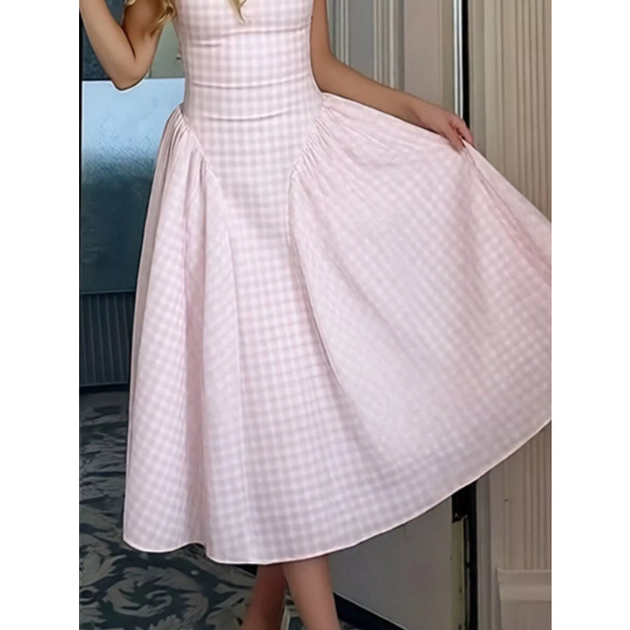 Full Size Plaid Square Neckline Midi Dress Plus Size Apparel and Accessories