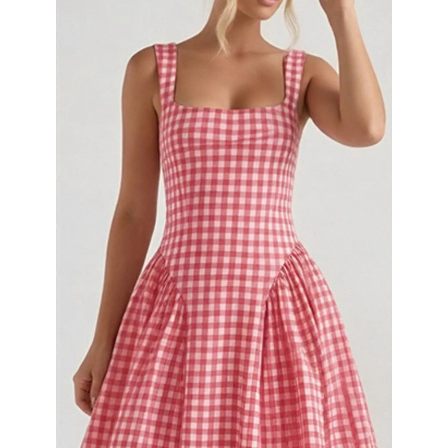 Full Size Plaid Square Neckline Midi Dress Plus Size Apparel and Accessories