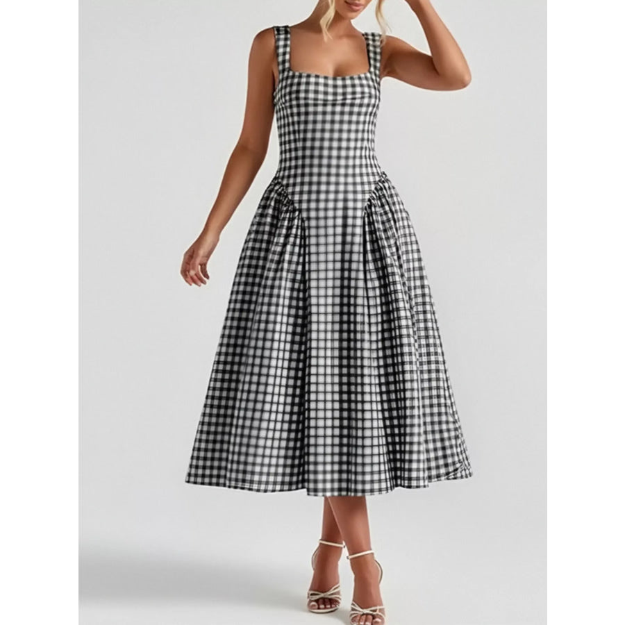 Full Size Plaid Square Neckline Midi Dress Plus Size Black / S Apparel and Accessories