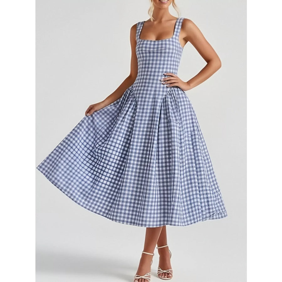 Full Size Plaid Square Neckline Midi Dress Plus Size Dusty Blue / S Apparel and Accessories