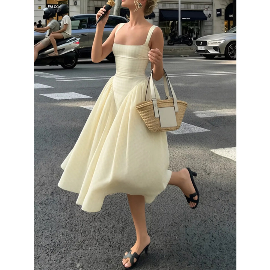 Full Size Plaid Square Neckline Midi Dress Plus Size Pastel Yellow / S Apparel and Accessories