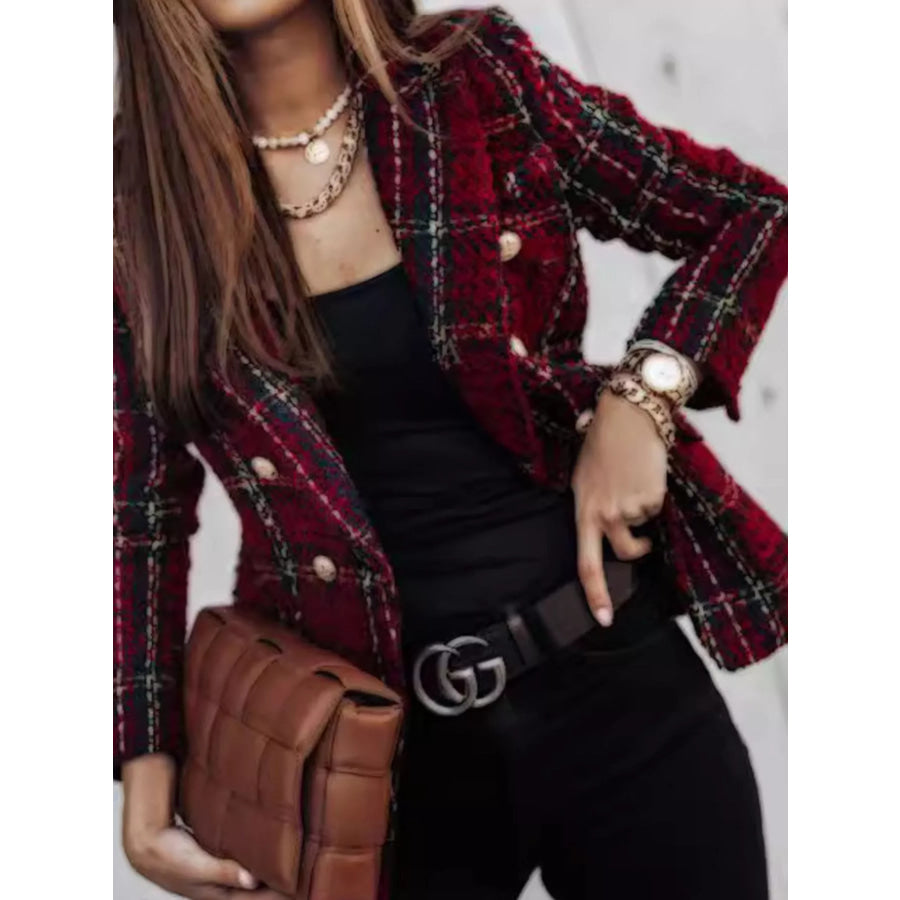 Full Size Plaid Tweed Double-Breasted Blazer Plus Apparel and Accessories