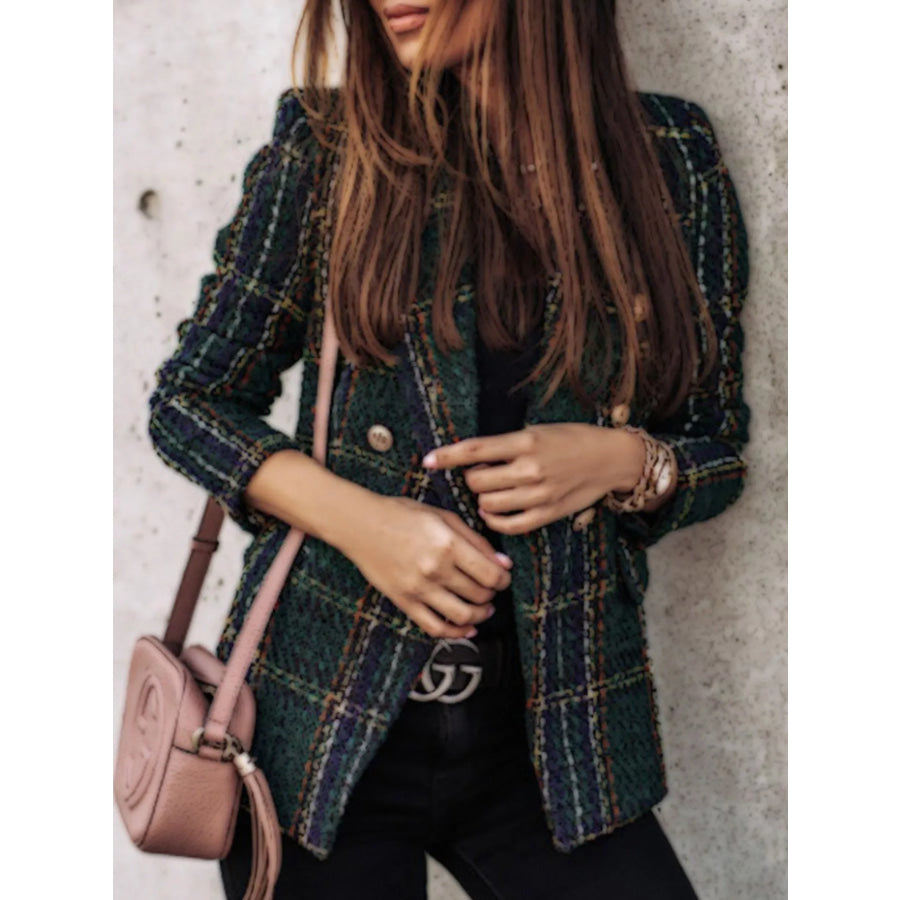 Full Size Plaid Tweed Double-Breasted Blazer Plus Apparel and Accessories