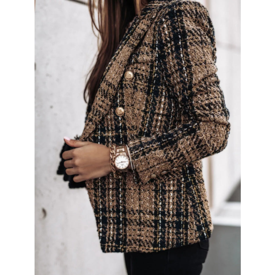 Full Size Plaid Tweed Double-Breasted Blazer Plus Apparel and Accessories