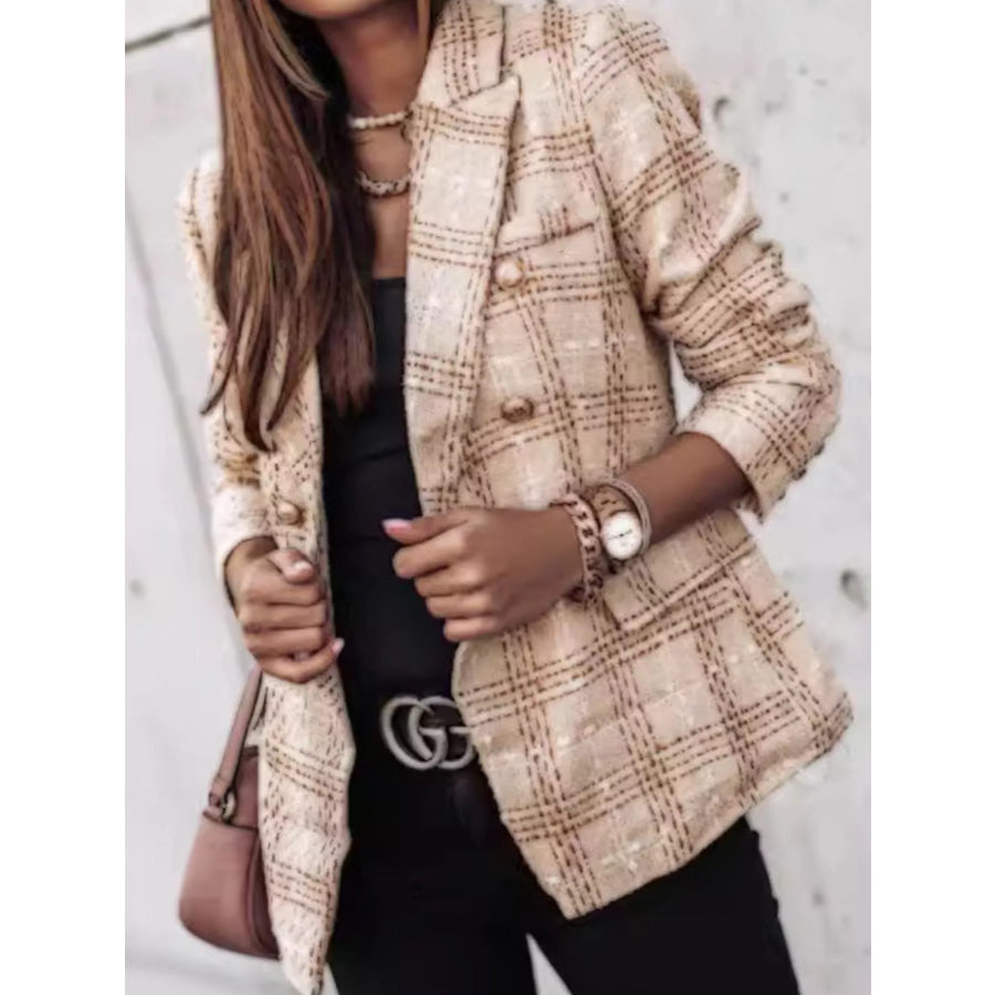 Full Size Plaid Tweed Double-Breasted Blazer Plus Apparel and Accessories
