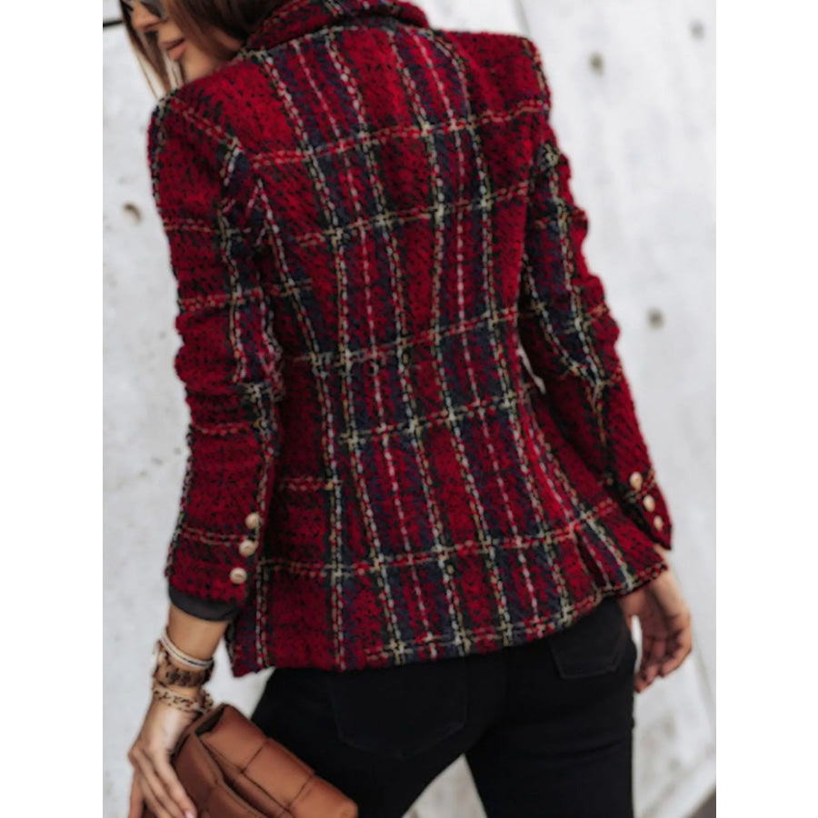 Full Size Plaid Tweed Double-Breasted Blazer Plus Apparel and Accessories