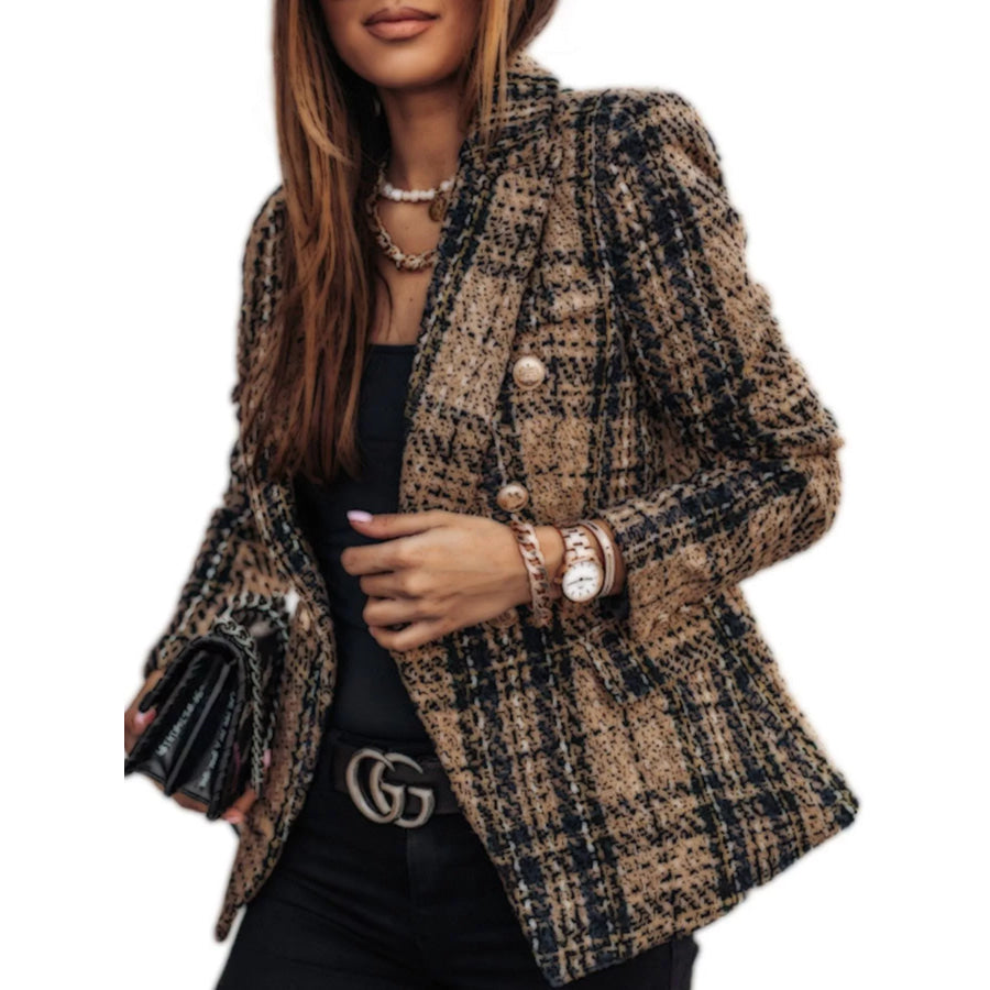 Full Size Plaid Tweed Double-Breasted Blazer Plus Apparel and Accessories