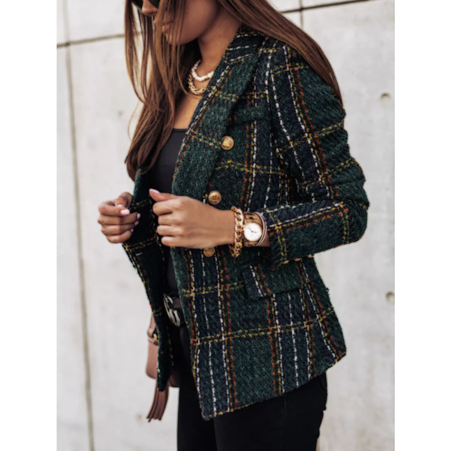 Full Size Plaid Tweed Double-Breasted Blazer Plus Apparel and Accessories