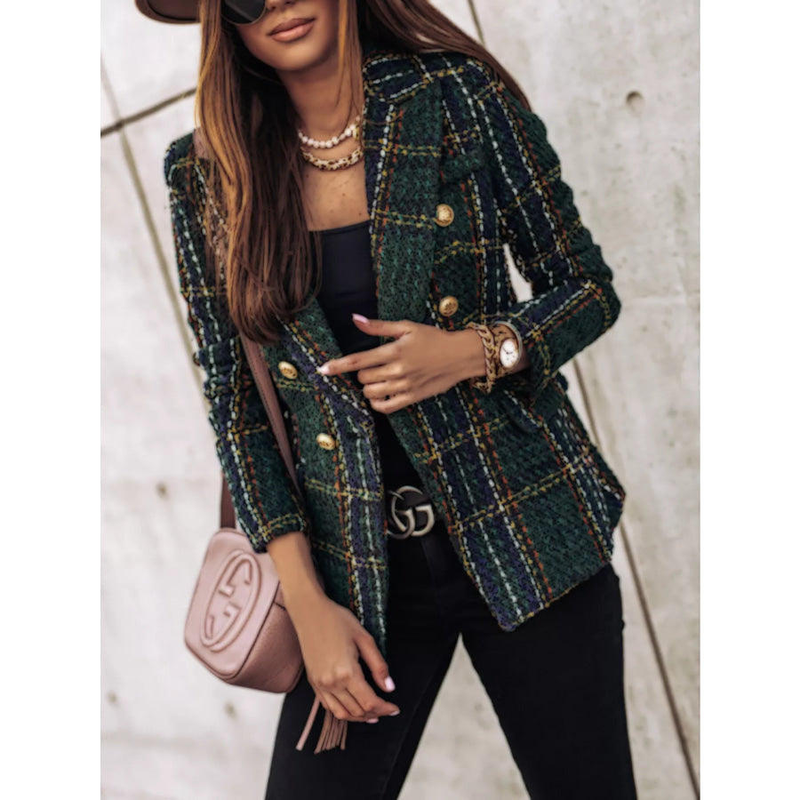 Full Size Plaid Tweed Double-Breasted Blazer Plus Black Forest / S Apparel and Accessories